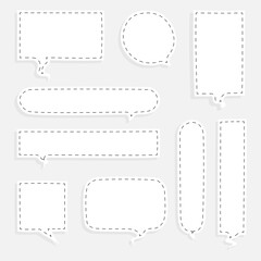collection set of blank black and white dashed line hand drawn speech bubble balloon, think speak talk whisper text box, flat vector illustration design isolated