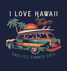 surf car drawing for t-shirt print. I love hawaii.