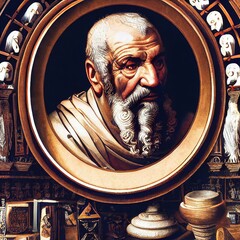 Lucius Annaeus Seneca the Younger, Roman philosoper, working in his chambers, digital illustration, gouache and oil painting, intricate details, detailed face