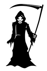 Grim Reaper silhouette with scythe. Halloween sticker. Cartoon illustration