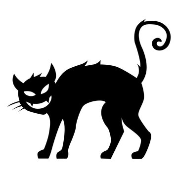 Evil witch cat silhouette. Halloween sticker. Cartoon illustration for halloween decoration