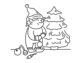 Christmas elf coloring page for kids. New Year holiday card.