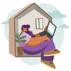 Home worker, student. Woman, young woman sitting with laptop, working, studying from home