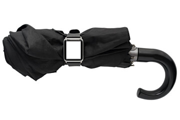 Smart watch on closed black umbrella. Concept weather forecast. Mock up. Isolated background 
