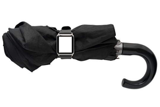 Smart watch on closed black umbrella. Concept weather forecast. Mock up. Isolated background 