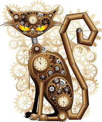 Steampunk Cat Vintage Retro Style Machine composed by Clocks, chains, gears, clockwork illustration isolated on transparent background  