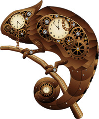 Steampunk Chameleon Vintage Retro Style Machine composed by Clocks, chains, gears, clockwork illustration isolated on transparent background  