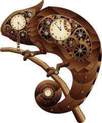 Abwaschbare Fototapete Zeichnung Steampunk Chameleon Vintage Retro Style Machine bestehend aus Uhren, Ketten, Zahnrädern, Uhrwerkillustration einzeln auf transparentem Hintergrund