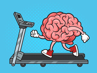 brain training on a treadmill pinup pop art retro raster illustration. Comic book style imitation.