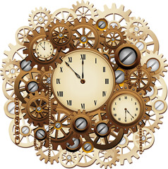 Steampunk Clocks and Gears Vintage Retro Style Machine composed by Clocks, chains, gears, clockwork illustration isolated on transparent background  