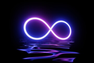 Infinity symbol neon light water surface reflection abstract background. 3d rendering futuristic metaverse digital cyber concept
