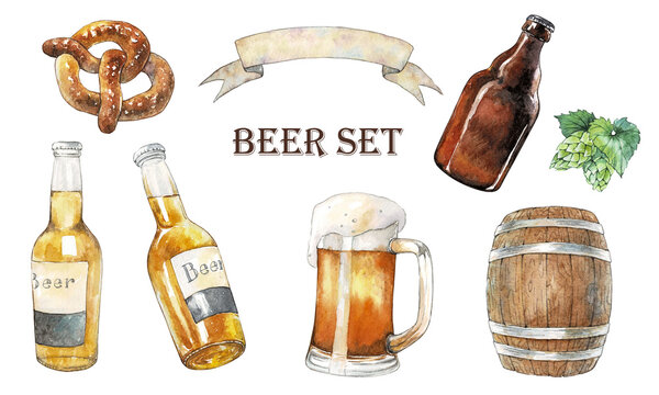Watercolor collection beer mug and bottle of beer, hops and malts. Hand painted oktoberfest design elements isolated on white background. Watercolor beer clip art.