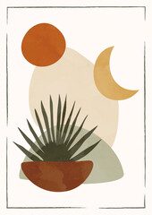 Boho poster sun palm and leaf. Pottery and moon. Mid century modern minimalist art print. Modern aesthetic boho design wallpaper, card, template. eps 10. Flat illustration © Anna