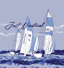 Vector illustration background of cartoon sailing regatta with many yachts on horizon in blue tone.