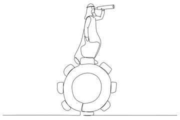 Illustration of arab businessman standing on gears looks through a telescope.. One line art style