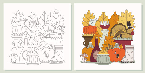 Thanksgiving Day. Vector coloring book page. Hand drawn outline illustration. Autumn vibes