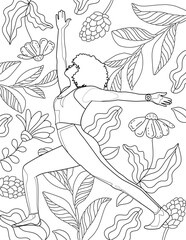 Girl Power. Feminine beauty. Hand drawing coloring for kids and adults. Coloring picture with beautiful girl doing yoga in blooming garden. Happy lifestyle, sport, fitness exercises, love your body