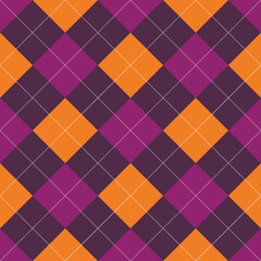 Halloween Argyle Plaid. Scottish seamless pattern in orange and purple rhombuses. Scottish cage vector illustration.