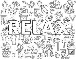 Relax. Hand drawn coloring page for kids and adults. Drawing with patterns and details. Coloring book pictures with watering can, rubber boots, seeding, gardening tools, potted plants, fruits