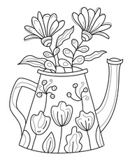 Hand drawn coloring page for kids and adults. Bouquet of flowers in a teapot, watering can. Beautiful drawing with patterns and small details. Coloring book pictures with blooming flowers, gardening