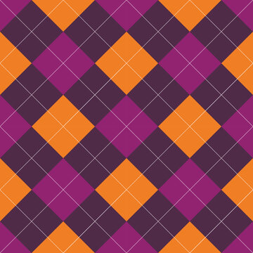 Halloween Argyle Plaid. Scottish seamless pattern in orange and purple rhombuses. Scottish cage vector illustration.