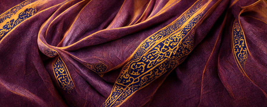 Silk Clothing Sari Like Clothing. Maroon Textile Texture With Gold Pattern. Closeup Fabric Background.