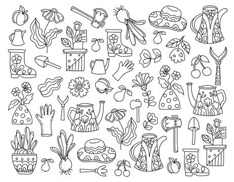 Hand drawn coloring page for kids and adults. Beautiful drawing with patterns and small details. Coloring book pictures with watering can, rubber boots, seeding, gardening tools, potted plants, fruits