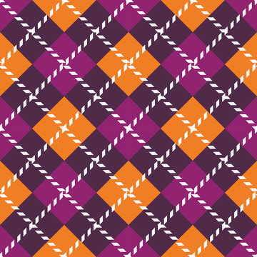 Argyle purple and orange seamless pattern. Purple autumn checkered ornament. Fall plaid vector illustration.
