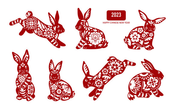 Chinese traditional rabbit. Cute new year symbol, red patterned silhouette mascot in different poses, lunar calendar animal, decorative bunny. Horoscope tidy vector isolated set