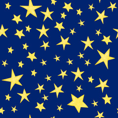 Watercolor illustration, seamless pattern from hand painted bright shiny yellow stars on blue sky. Starry night. Print for children nursery wallpaper, packaging paper, fabric textile, postcards