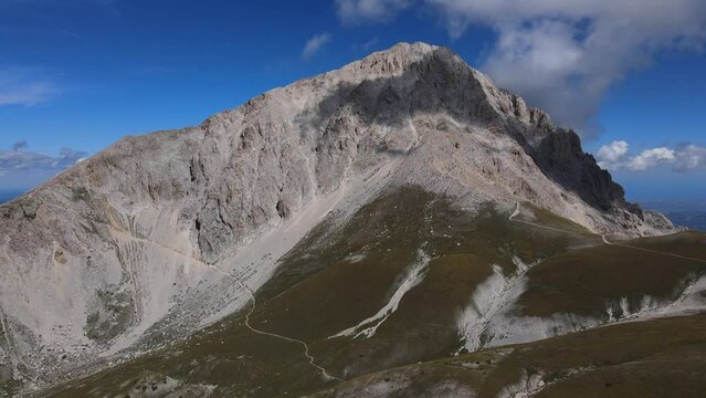 Panoramic Drone view from Gran Sasso mountain, in Abruzzo region, central Italy, summer day in the mountains. Tourist destination in Italy