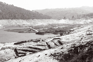Vintage BW ghost town Aceredo in Spain after drought
