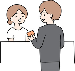 受付でカード払いで会計をする男性のイラスト