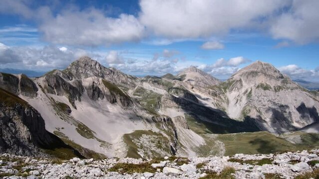 Panoramic Drone view from Gran Sasso mountain, in Abruzzo region, central Italy, summer day in the mountains. Tourist destination in Italy
