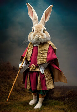 Cute rabbit in medieval fashion costume as cosplay illustration