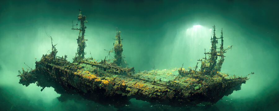 Sunken old ship wreck underwater on ocean floor