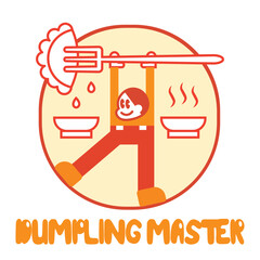Fast food restaurant logo with vintage cartoon flat character of a boy holding a giant fork with a dumpling.