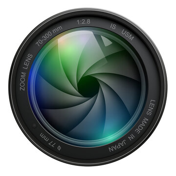 Camera photo lens icon with shutter isolated, 3D technology symbol illustration.