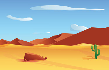 Desert landscape background with dunes and mountains, flat vector illustration.