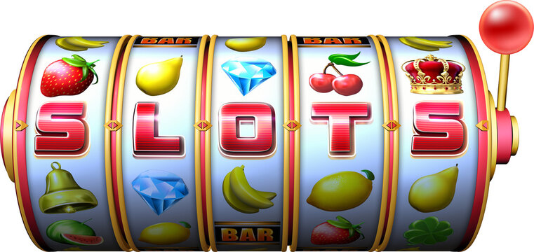 Fruit themed symbols on a slot machine reel with SLOTS word written on it. 3D rendered illustration