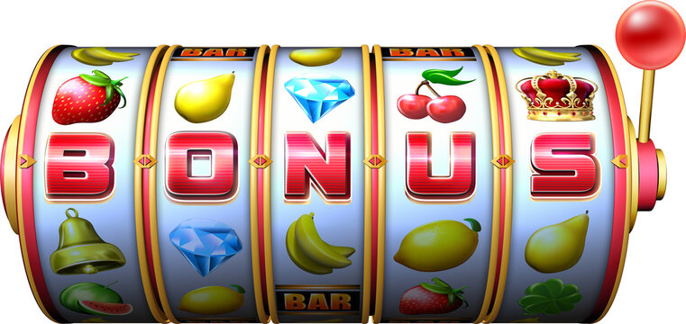 Fruit themed symbols on a slot machine reel with BONUS word written on it. 3D rendered illustration
