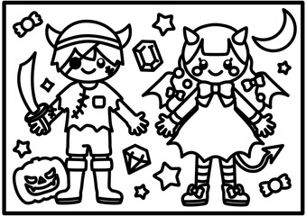 ハロウィンのキッズ　ぬりえ