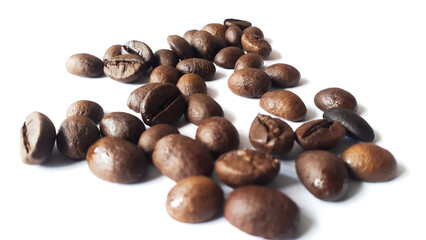 Coffee beans isolated on a white background with copy space for writing text