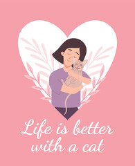 Cute postcard with peaceful young woman hugging smiling sphinx cat flat style