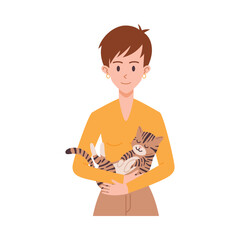 Woman holding cat in hands, flat vector illustration isolated on white background.