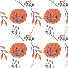 Seamless pattern of colorful pumpkins and twigs. Flat style. Vector illustration. Can be used for Helloween party.