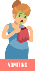 Vomiting woman. Morning nausea sickness. Pregnancy symptom