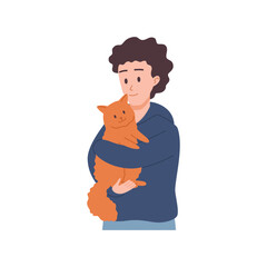 Child holding and embracing cute ginger cat, flat vector illustration isolated.