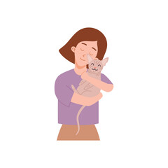 Brunette cute woman hugging sphinx cat flat style, vector illustration