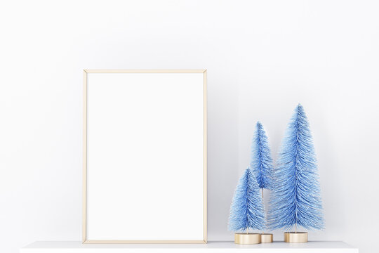 White blank gold frame mockup with Christmas decor, blue tree, gold frame A4, 3D rendering